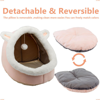 Pawluo Rabbit-Shaped Cat & Dog Bed – Soft Calming Cave with Hanging Toy & Removable Cotton Pad