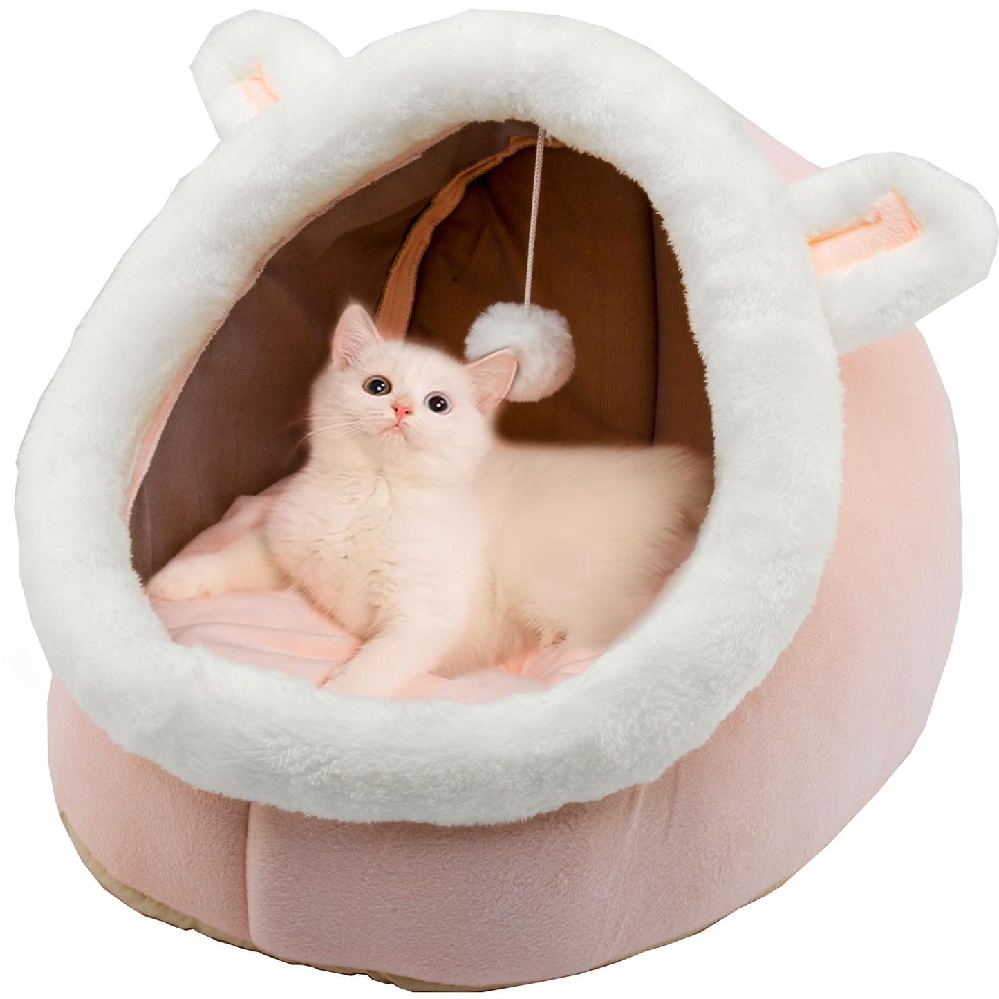 Pawluo Rabbit-Shaped Cat & Dog Bed – Soft Calming Cave with Hanging Toy & Removable Cotton Pad