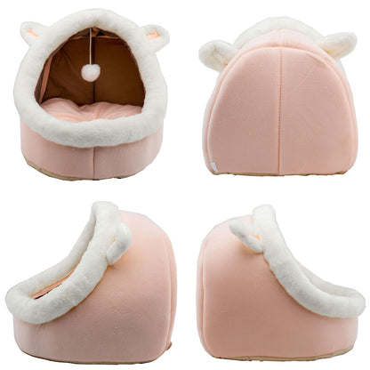 Pawluo Rabbit-Shaped Cat & Dog Bed – Soft Calming Cave with Hanging Toy & Removable Cotton Pad