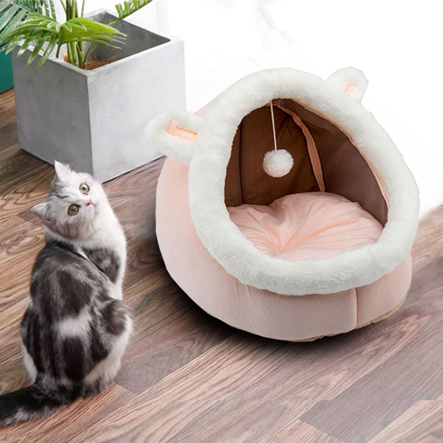Pawluo Rabbit-Shaped Cat & Dog Bed – Soft Calming Cave with Hanging Toy & Removable Cotton Pad