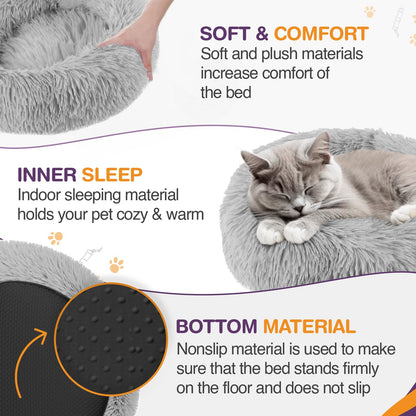 Pawluo Plush Donut Cat & Dog Bed – Calming Self-Warming Bed with Anti-Slip Base
