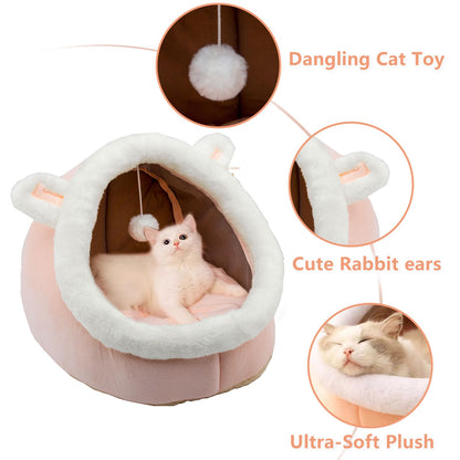 Pawluo Rabbit-Shaped Cat & Dog Bed – Soft Calming Cave with Hanging Toy & Removable Cotton Pad