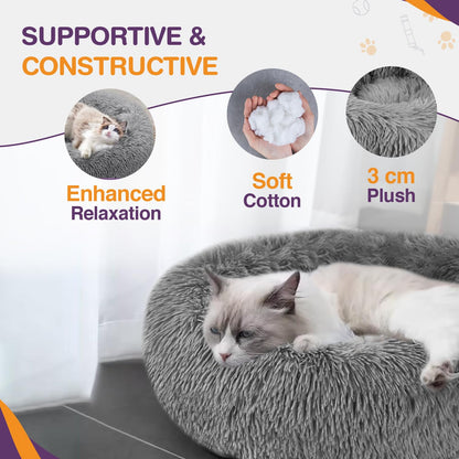 Pawluo Plush Donut Cat & Dog Bed – Calming Self-Warming Bed with Anti-Slip Base