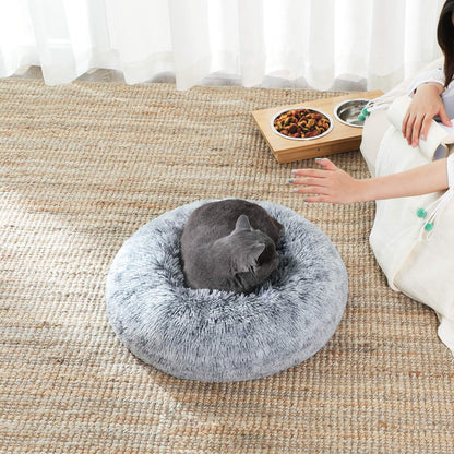 Pawluo Fluffy Dog & Cat Donut Bed – Washable Long Plush Cushion with Removable Padding